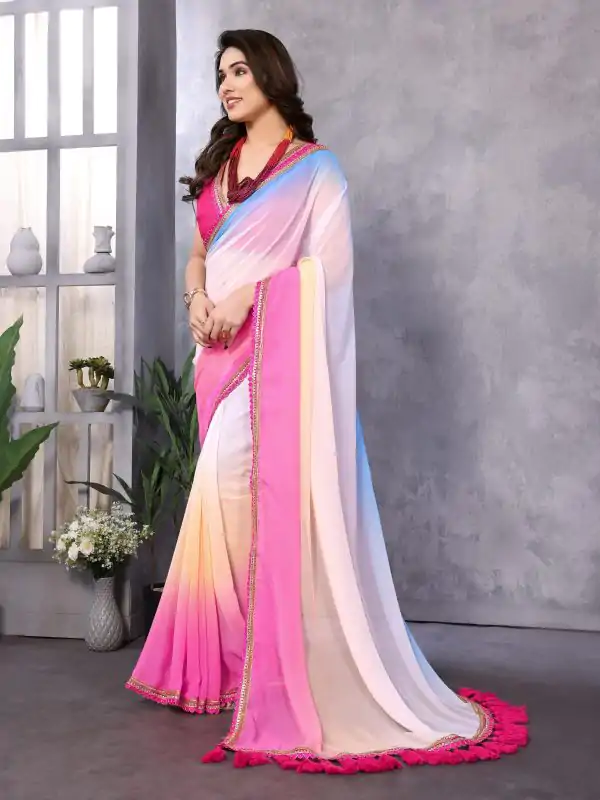 Attractive In Sky Pink Color Faux Peding Georgette Party Wear Saree