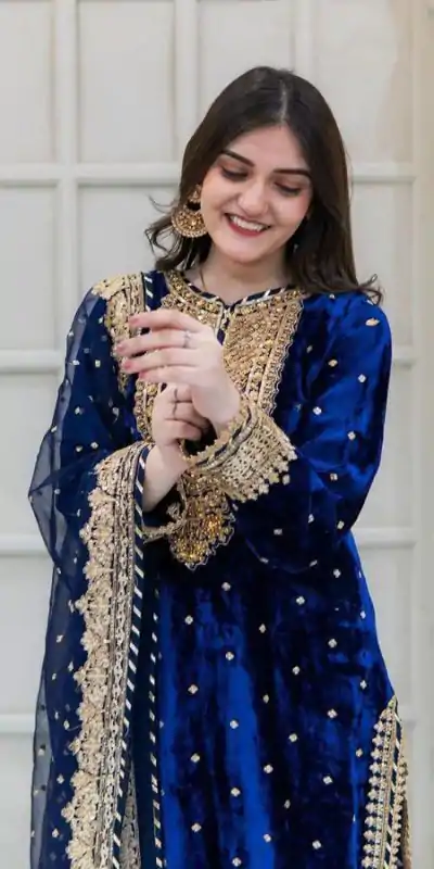 Majestic Blue Color Velvet Georgette Embroidery Sequence Salwar Suit