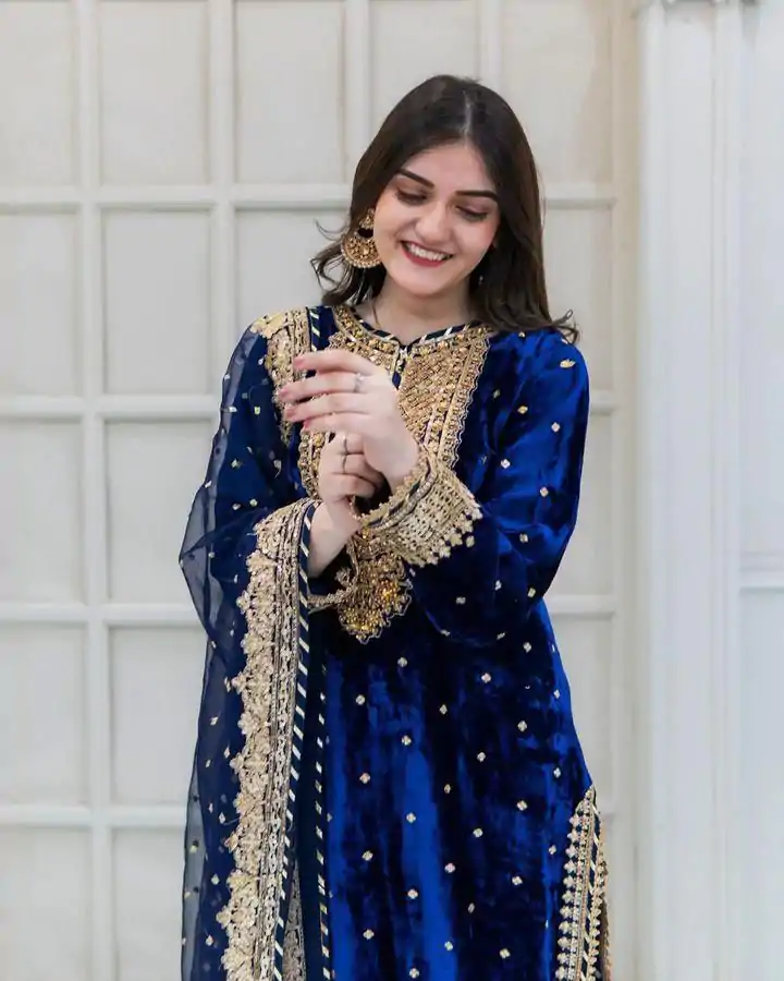 SR-1652 Blue Color Velvet Georgette Embroidery Sequence Salwar Suit Casual, Wedding, Party, Festive, Events Etc.4-6 Working Days@ 2049/-only  | Jump Suits, Salwar suit, Casual Suits, Creative suits, Designer Suits, Palazzo Suits, Party Wear Suits, Patiala Suits, Straight Suits