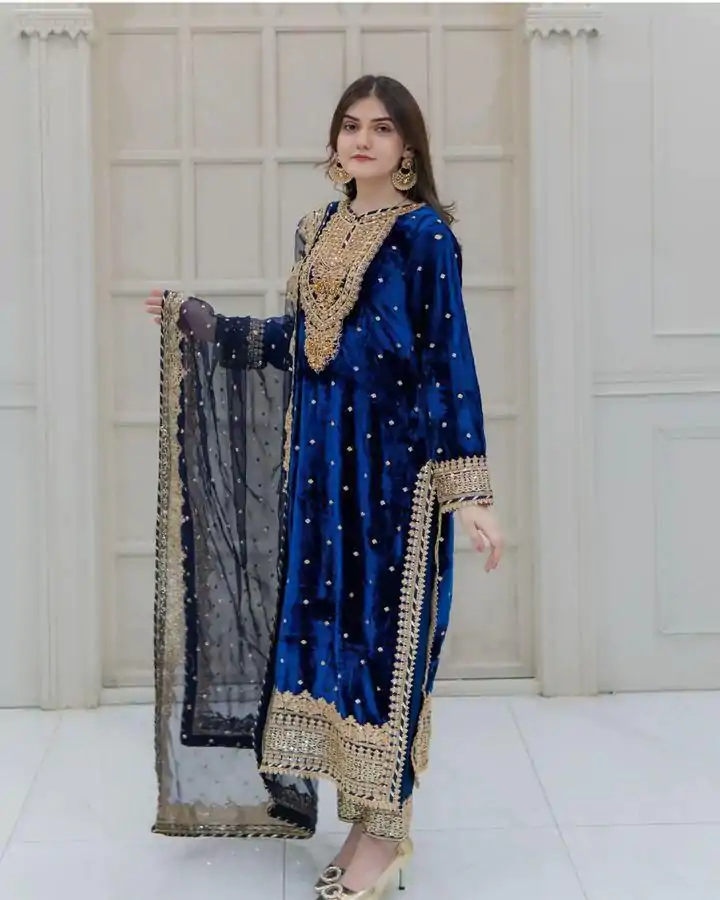 SR-1652 Blue Color Velvet Georgette Embroidery Sequence Salwar Suit Casual, Wedding, Party, Festive, Events Etc.4-6 Working Days@ 2049/-only  | Jump Suits, Salwar suit, Casual Suits, Creative suits, Designer Suits, Palazzo Suits, Party Wear Suits, Patiala Suits, Straight Suits