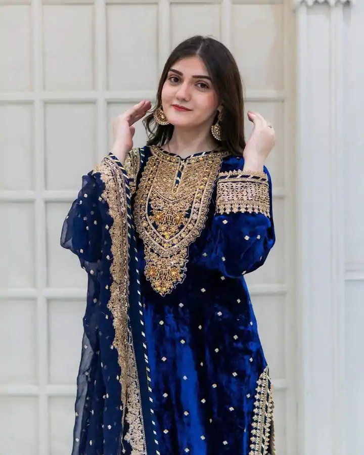 SR-1652 Blue Color Velvet Georgette Embroidery Sequence Salwar Suit Casual, Wedding, Party, Festive, Events Etc.4-6 Working Days@ 2049/-only  | Jump Suits, Salwar suit, Casual Suits, Creative suits, Designer Suits, Palazzo Suits, Party Wear Suits, Patiala Suits, Straight Suits