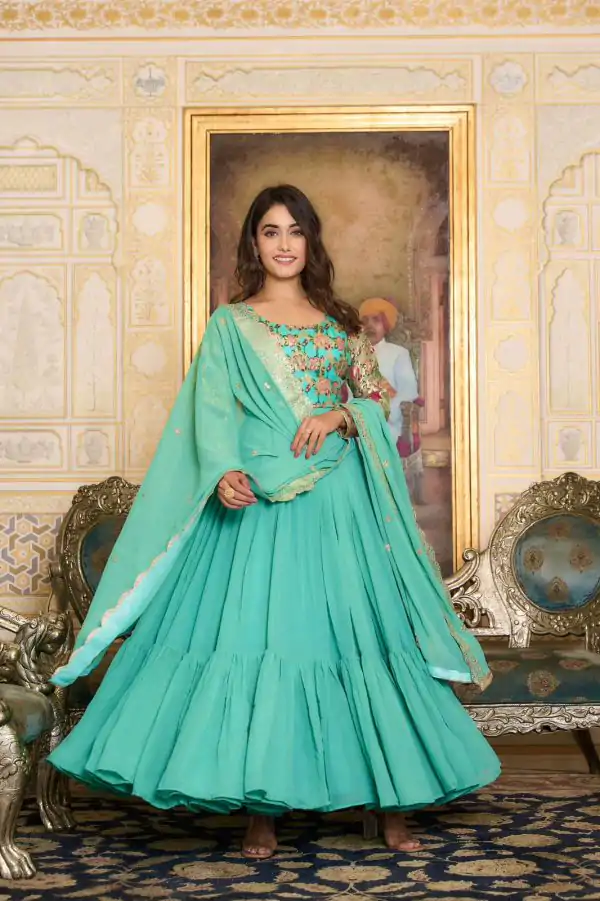 Stunning Sea Green Faux Color Fox Georgette Embroider Pure Zecard Work Gown