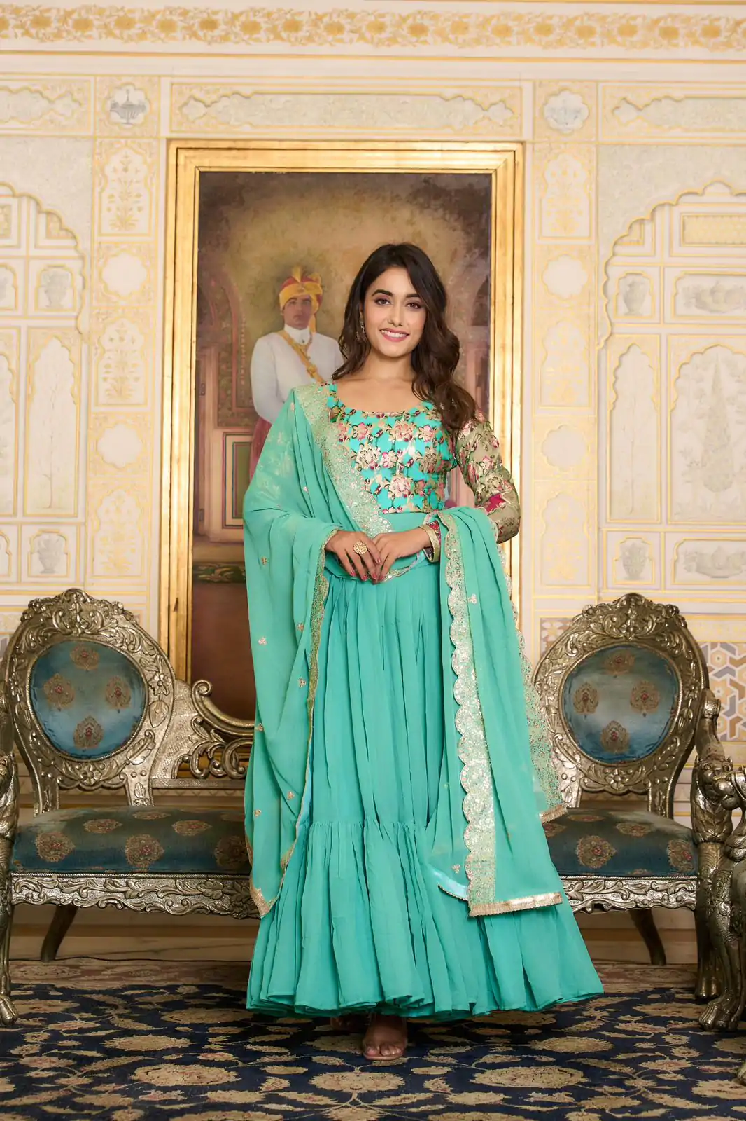  Ram 052 Sea Green Faux Color Fox Georgette Embroider Pure Zecard Work Gown Wedding Party, Festive, Events Etc.4-6 Working Days@2149/- only | Gowns, Bollywood Gowns, Creative Gowns, Designer Gowns, Embroidered Gowns, Party Wear Gowns, Straight Suits