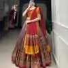 Red Tussar Silk Print With Foil Print Lehenga Choli