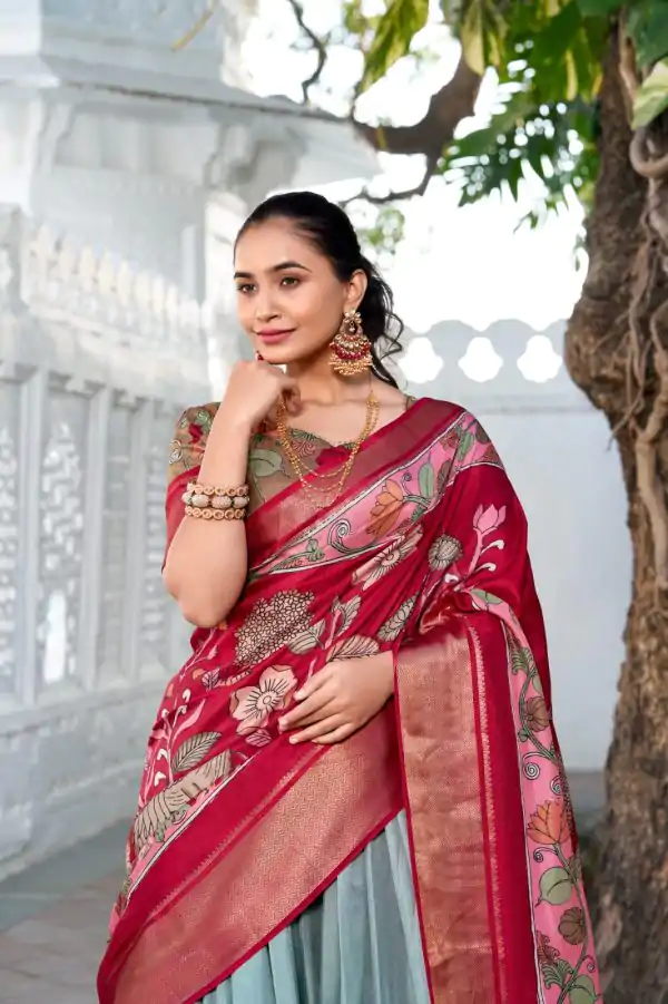 Red Dola Silk Print Zari Border Lehenga Choli - Image 2