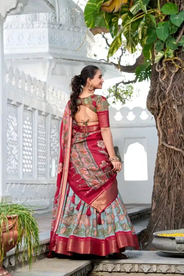 Red Dola Silk Print Zari Border Lehenga Choli - Image 3