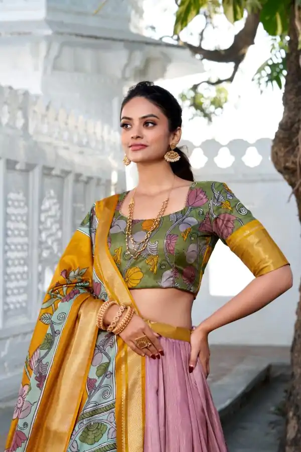 Yellow Dola Silk Print Zari Border Lehenga Choli - Image 2