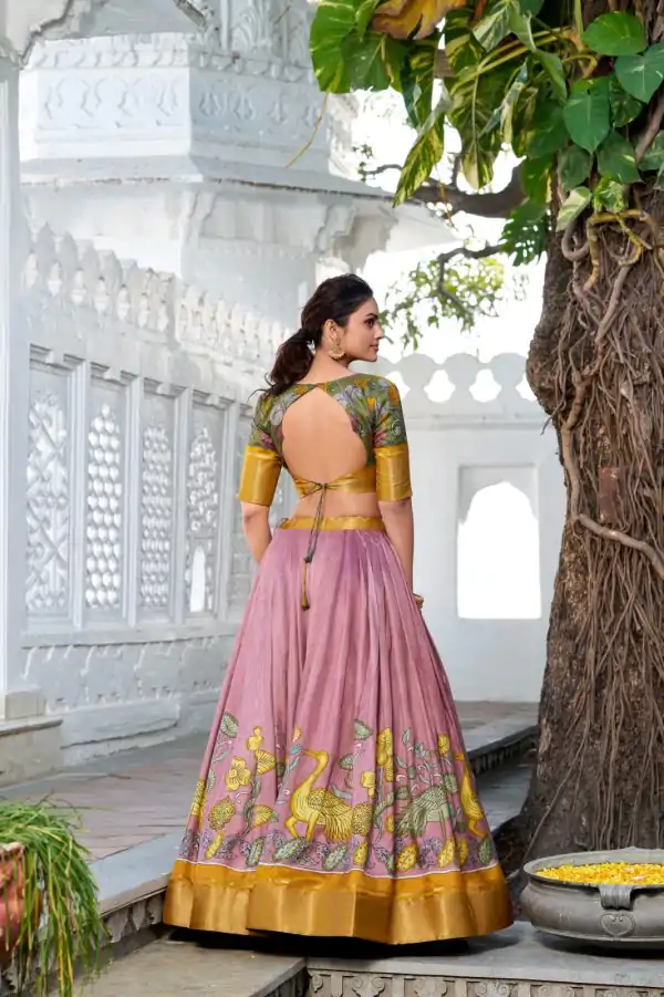 Yellow Dola Silk Print Zari Border Lehenga Choli - Image 3