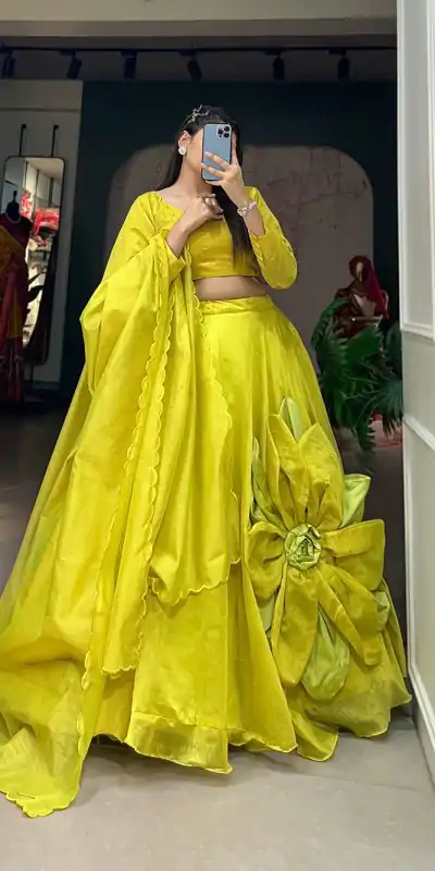 Awesome Parrot Green Color Raj wadi Chanderi Silk Hand Made Flower Lehenga Choli
