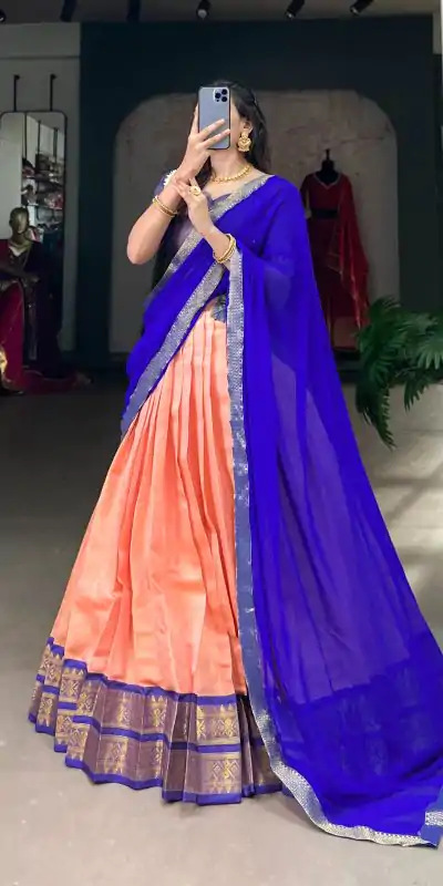 Beautiful Peach Color Kanchipuram Zari Weaving Work Lehenga Choli