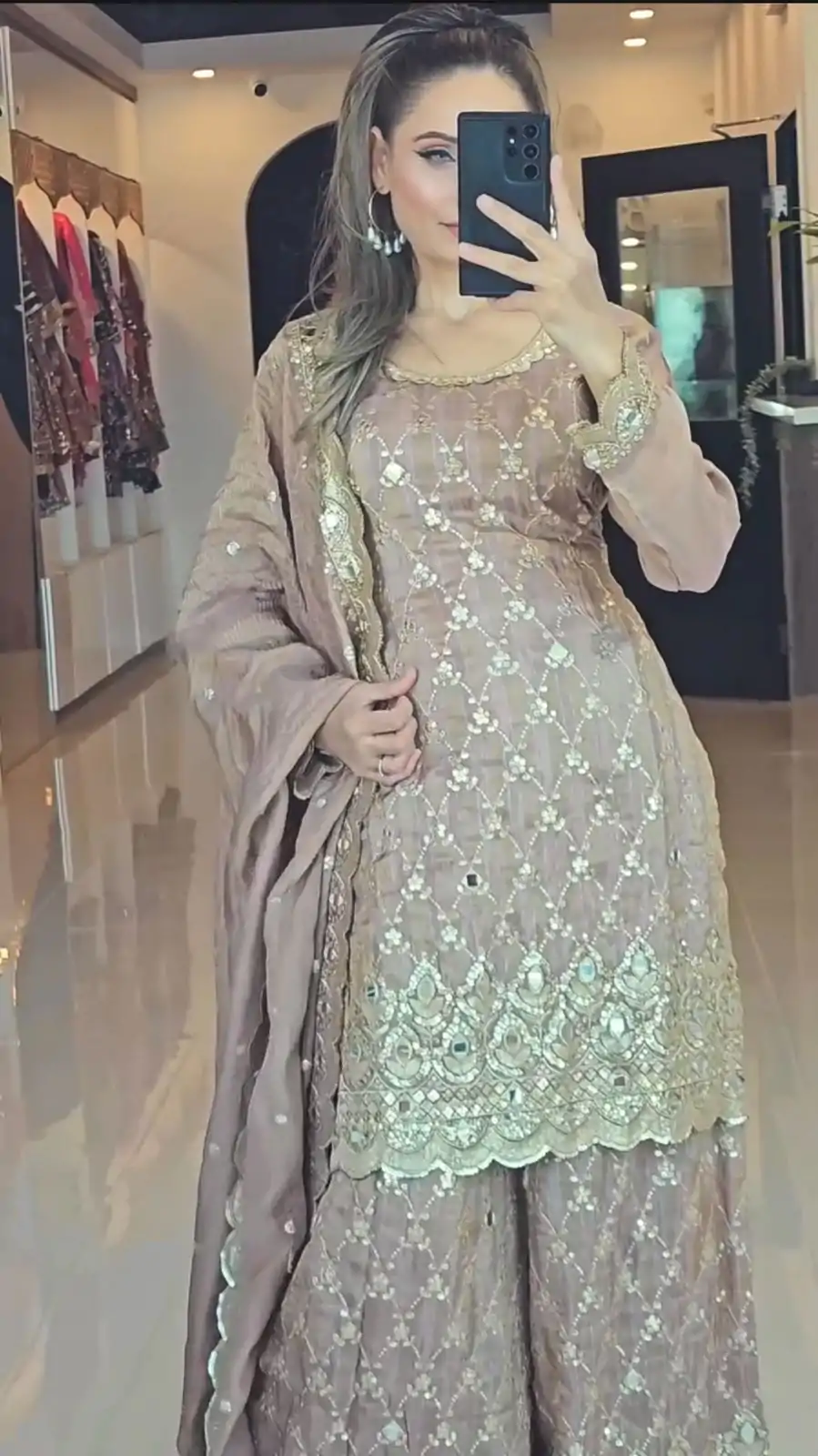 NSR 839 Cream Chinnon Silk Embroidery Sequence Work Real Mirror Hand Work Salwar Suit, Wedding, Party, Festive, Events Etc.4-6 Working Days@ 2049/-only | Jump Suits, Salwar suit, Casual Suits, Creative suits, Designer Suits, Palazzo Suits, Party Wear Suits, Patiala Suits, Straight Suits