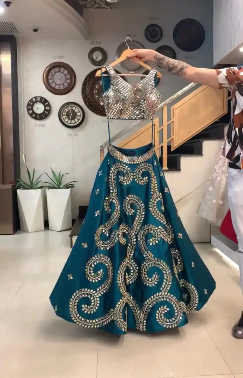 RC 211 Peacock Blue Peacock Blue Color Taffeta Silk Original Glass Wedding, Party, Festive, Events Etc. Delivery 4-6 Working Days Rs 2099/- | Lehenga, Bollywood Lehenga, Creative Lehenga, Designer Lehenga, Embroidered Lehenga, Party Wear Lehenga