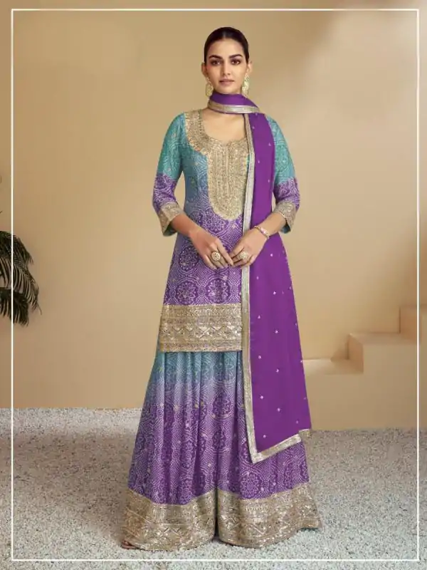Fancy Purple Color Chinon Digital Print With Mat Sequence work Sharara