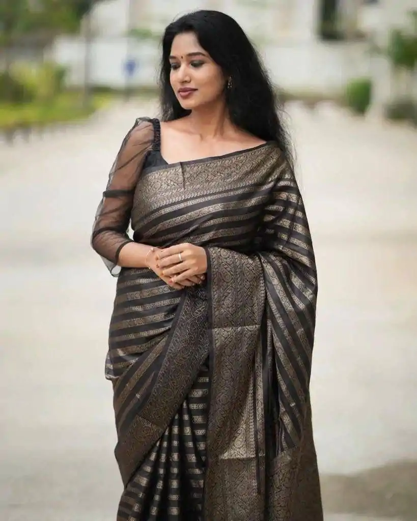 KP 5084 Black Color Soft Lichi Silk Jacquard Work On All Over Saree Casual, Wedding, Festive, Events . Expected Delivery  4-6 Working Days @1399/- only                                                                                                                                             | Sarees, Bollywood Sarees, Creative Sarees, Designer Sarees, Embroidered Sarees, Ethnic Saree, Modern Digital sarees, Party Wear Sarees