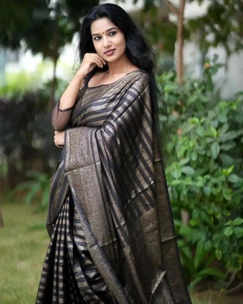 KP 5084 Black Color Soft Lichi Silk Jacquard Work On All Over Saree Casual, Wedding, Festive, Events . Expected Delivery  4-6 Working Days @1399/- only                                                                                                                                             | Sarees, Bollywood Sarees, Creative Sarees, Designer Sarees, Embroidered Sarees, Ethnic Saree, Modern Digital sarees, Party Wear Sarees