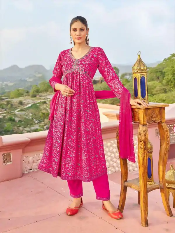 Fantastic Pink Color Rayon Alia Cut With Embroidery Work Kurti