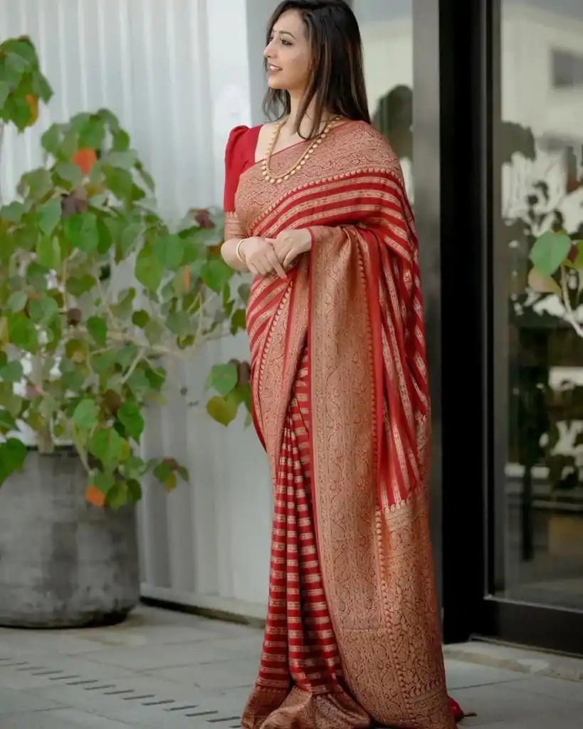 KP 5084 Red Color Soft Lichi Silk Jacquard Work On All Over Saree Casual, Wedding, Festive, Events . Expected Delivery  4-6 Working Days @1399/- only                                                                                                                                             | Sarees, Bollywood Sarees, Creative Sarees, Designer Sarees, Embroidered Sarees, Ethnic Saree, Modern Digital sarees, Party Wear Sarees