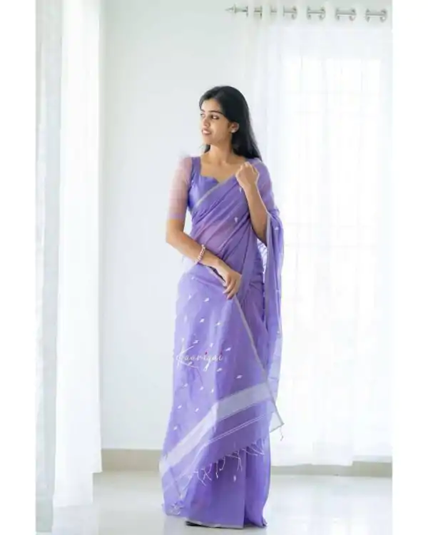 Purple Soft Lilan Cotton Pallu Jacquard Work Saree - Image 2