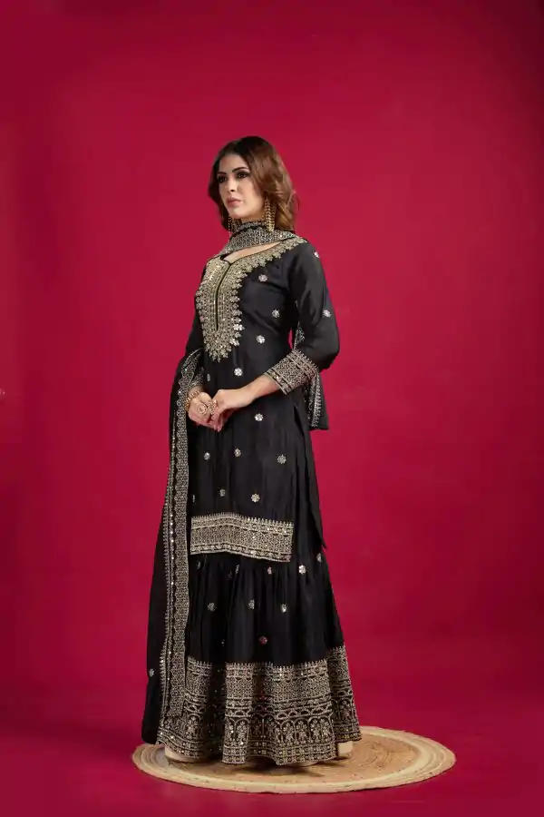 Black Chinnon Silk With Embroidery Work Sharara Suit - Image 2