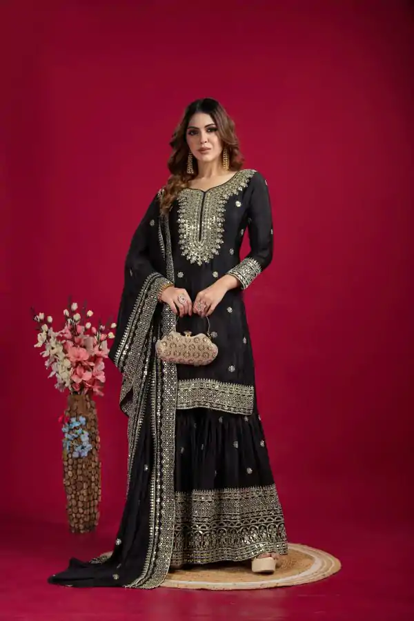 Black Chinnon Silk With Embroidery Work Sharara Suit - Image 3