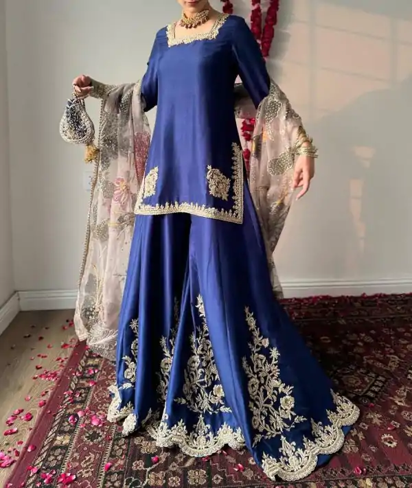 Graceful Blue Color Chinnon Silk With Embroidery Work Sharara Suit