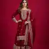 Graceful Marron Color Chinnon Silk With Embroidery Work Sharara Suit