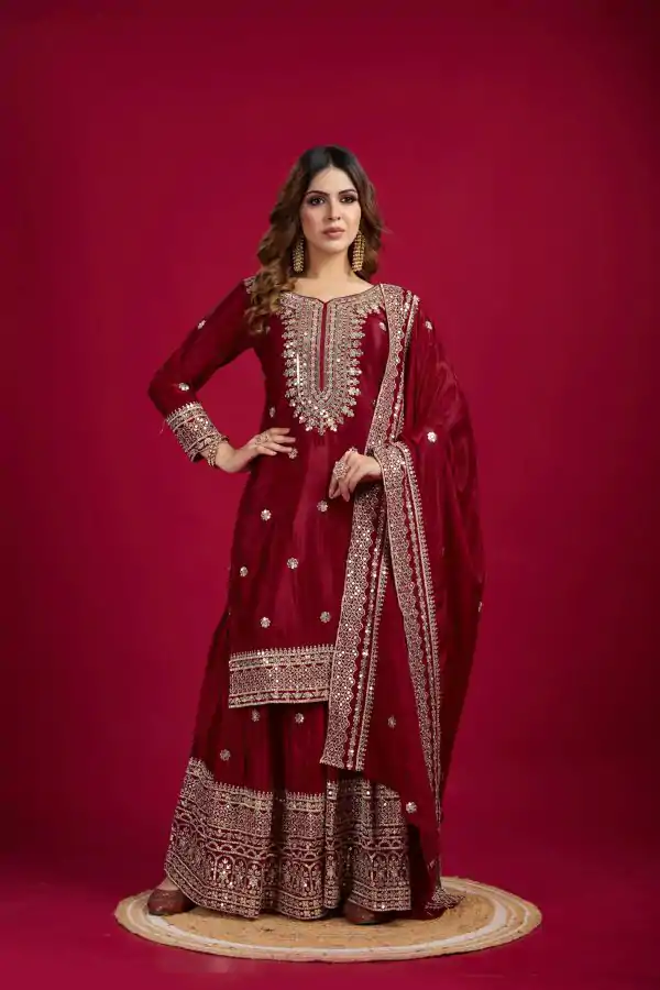 Graceful Marron Color Chinnon Silk With Embroidery Work Sharara Suit
