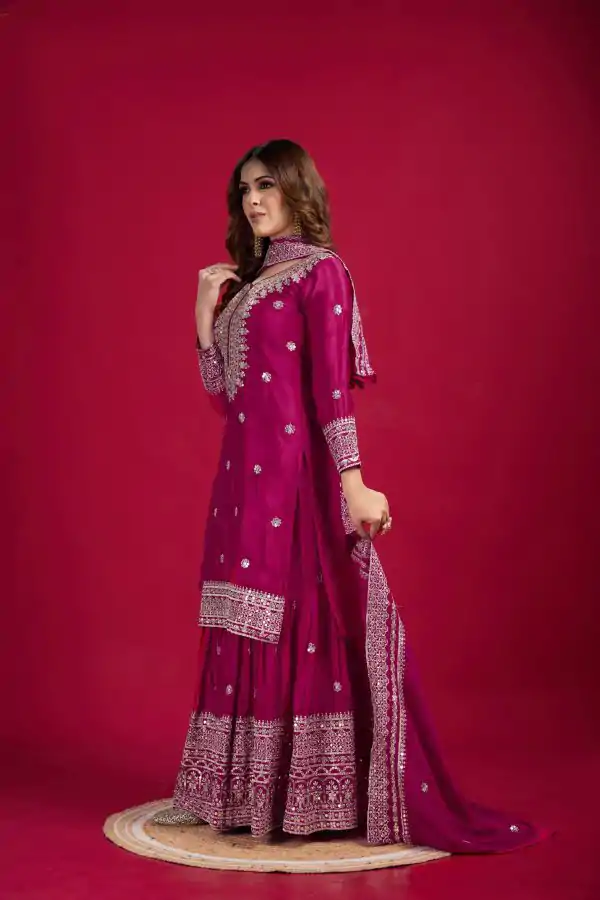 Pink Chinnon Silk With Embroidery Work Sharara Suit - Image 2