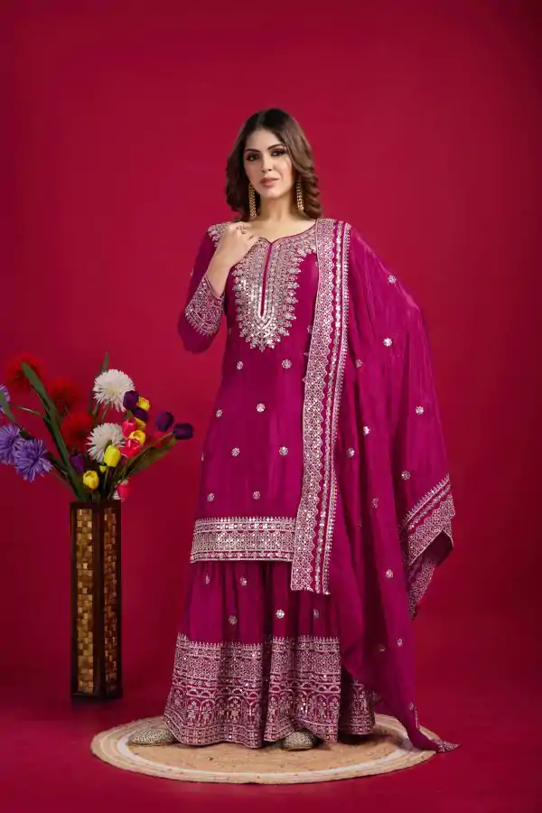Pink Chinnon Silk With Embroidery Work Sharara Suit - Image 3