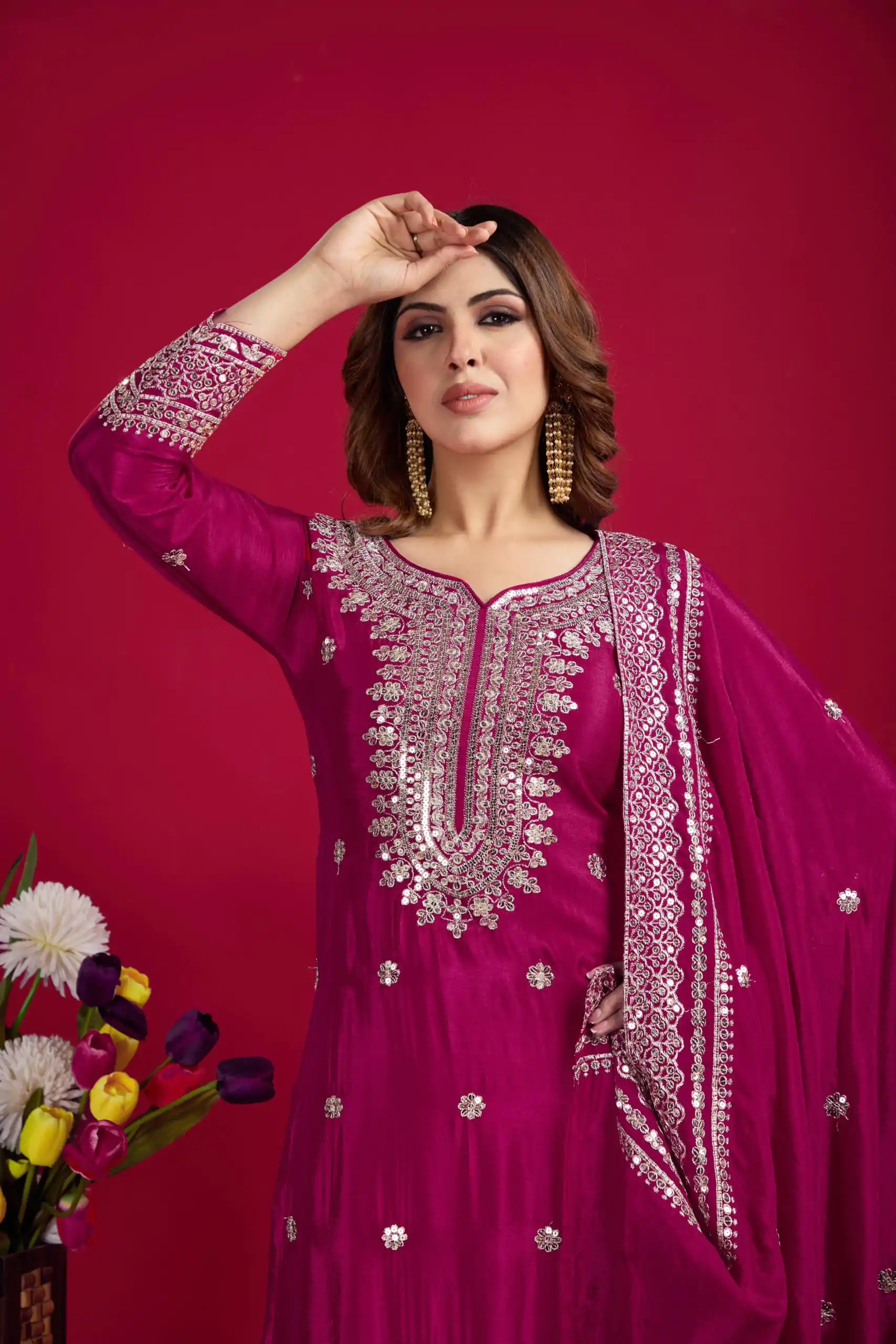 NSR-800 Pink Color Chinnon Silk With Embroidery Work Sharara Suit Wedding, Party, Festive, Events Etc.  Expected Delivery 4-6 Working Days @2149/- | Jump Suits, Salwar suit, Casual Suits, Creative suits, Designer Suits, Palazzo Suits, Party Wear Suits, Patiala Suits, Straight Suits