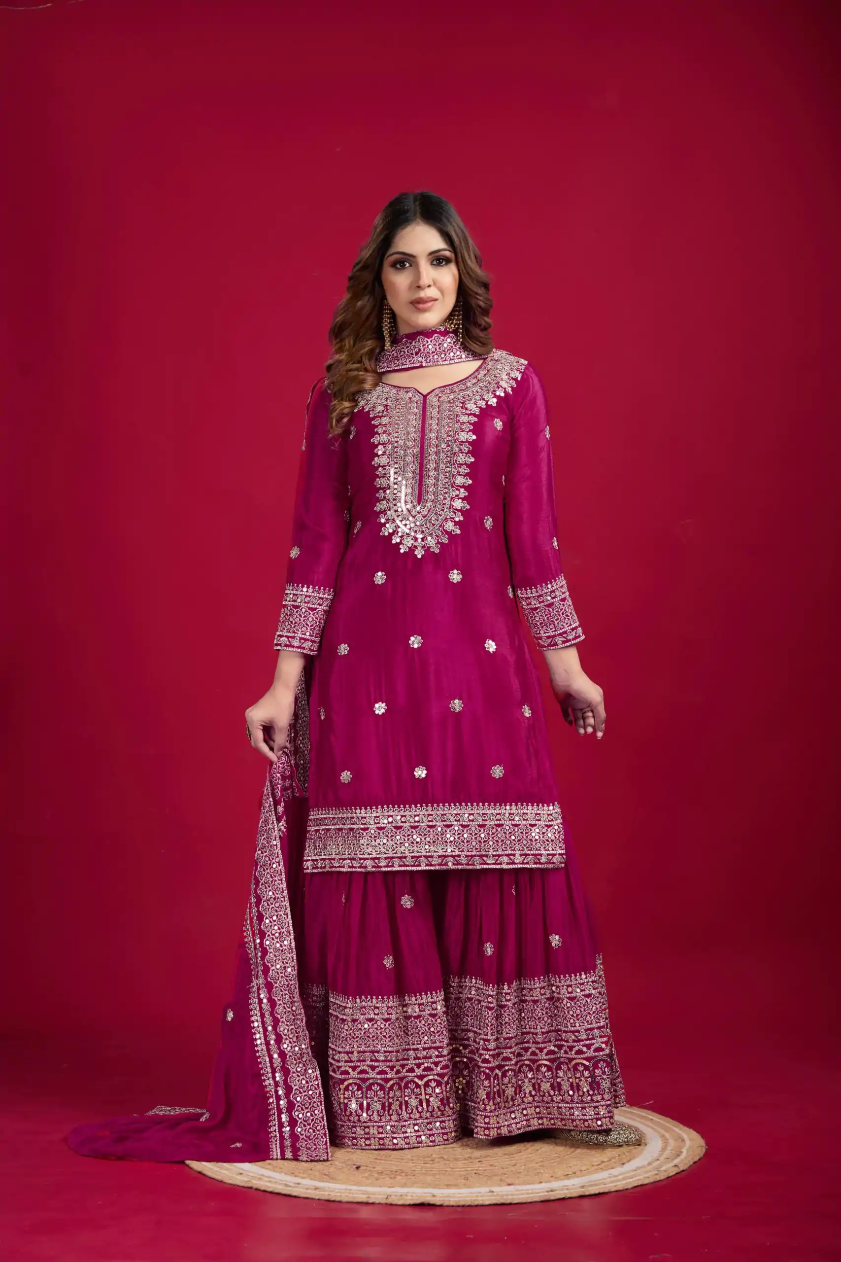 NSR-800 Pink Color Chinnon Silk With Embroidery Work Sharara Suit Wedding, Party, Festive, Events Etc.  Expected Delivery 4-6 Working Days @2149/- | Jump Suits, Salwar suit, Casual Suits, Creative suits, Designer Suits, Palazzo Suits, Party Wear Suits, Patiala Suits, Straight Suits