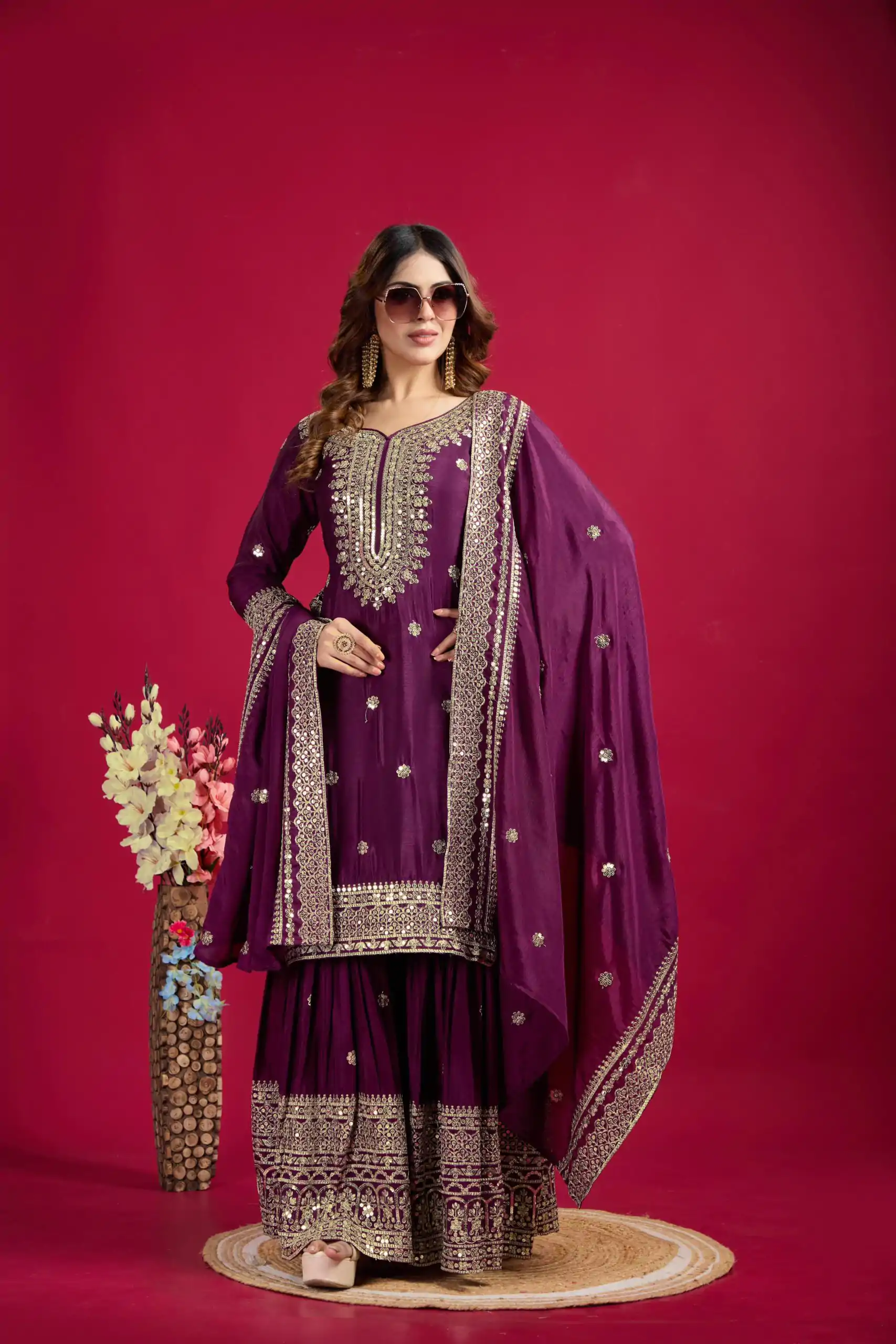 NSR-800 Purple Color Chinnon Silk With Embroidery Work Sharara Suit Wedding, Party, Festive, Events Etc.  Expected Delivery 4-6 Working Days @2149/- | Jump Suits, Salwar suit, Casual Suits, Creative suits, Designer Suits, Palazzo Suits, Party Wear Suits, Patiala Suits, Straight Suits