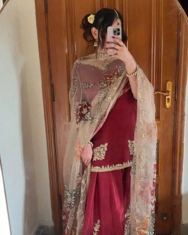 Graceful Red Color Chinnon Silk With Embroidery Work Sharara Suit