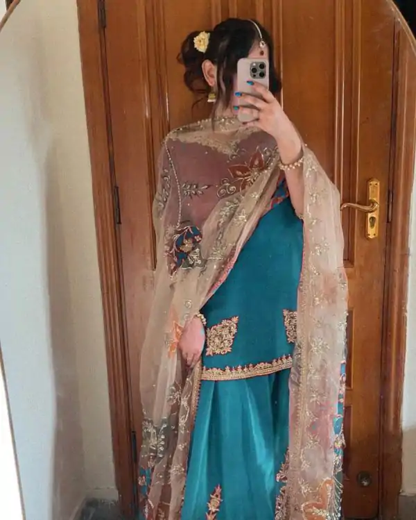Graceful Sky Blue Color Chinnon Silk With Embroidery Work Sharara Suit