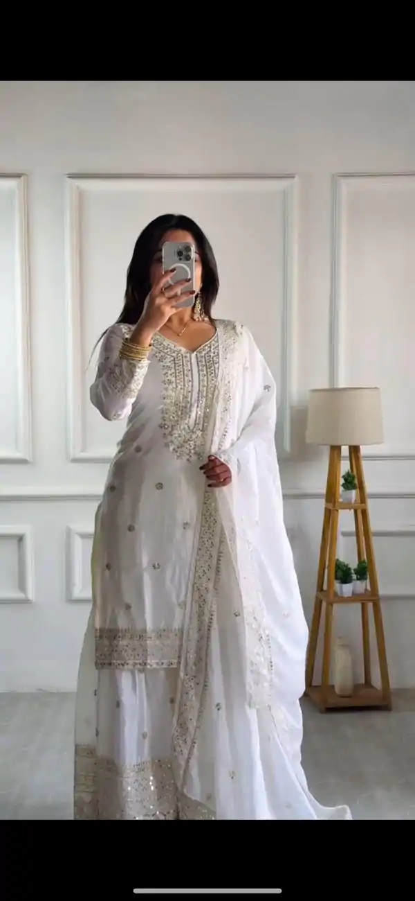 Graceful White Color Chinnon Silk With Embroidery Work Sharara Suit
