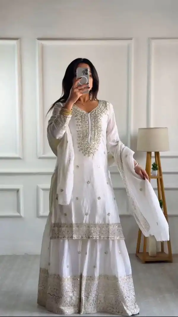 White Chinnon Silk With Embroidery Work Sharara Suit - Image 2