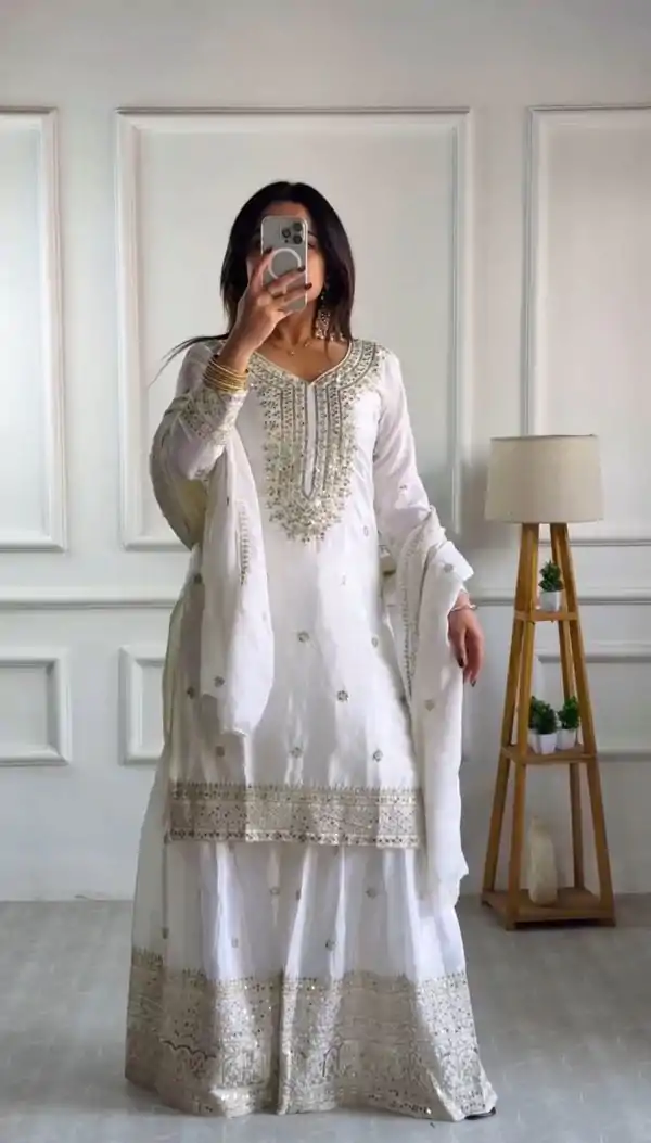 White Chinnon Silk With Embroidery Work Sharara Suit - Image 3