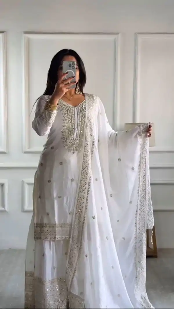 White Chinnon Silk With Embroidery Work Sharara Suit - Image 4
