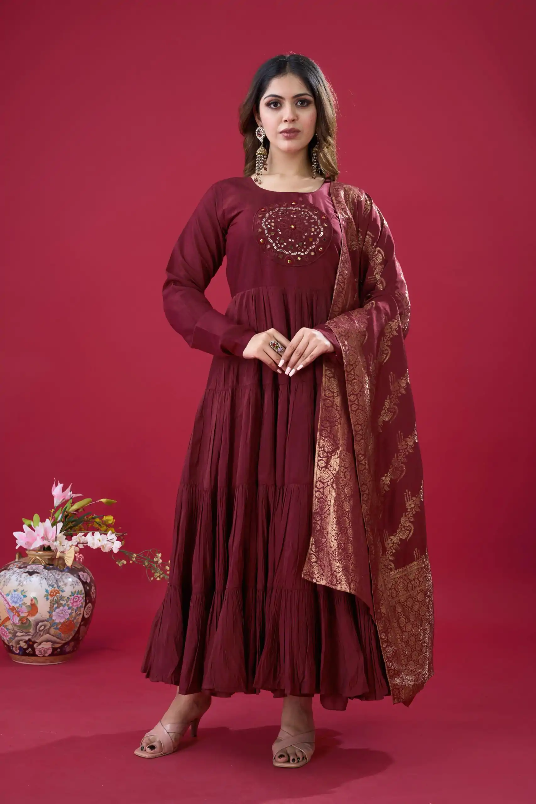 ZSR 3107 Maroon Color Roman Silk With Embroidery Sequence Work Anarkali Gown Wedding Party, Festive, Events Etc.4-6 Working Days@1999/- only | Gowns, Bollywood Gowns, Creative Gowns, Designer Gowns, Embroidered Gowns, Party Wear Gowns, Straight Suits