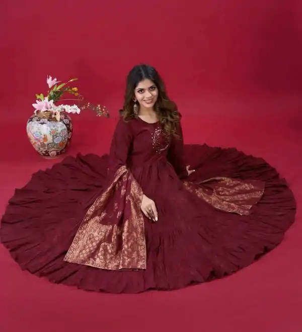 Maroon Roman Silk With Embroidery Sequence Work Anarkali Gown - Image 3
