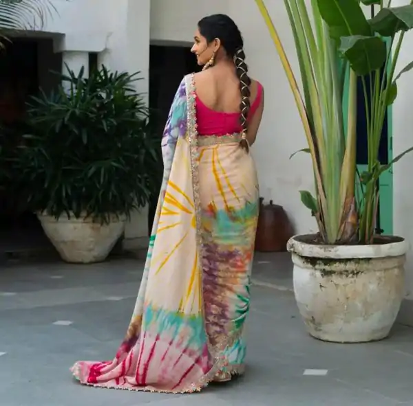 Multi Chinon fabric Embroidery Coding Sequins Lace Saree - Image 4