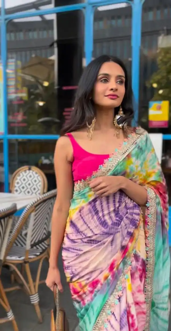 Multi Chinon fabric Embroidery Coding Sequins Lace Saree - Image 5