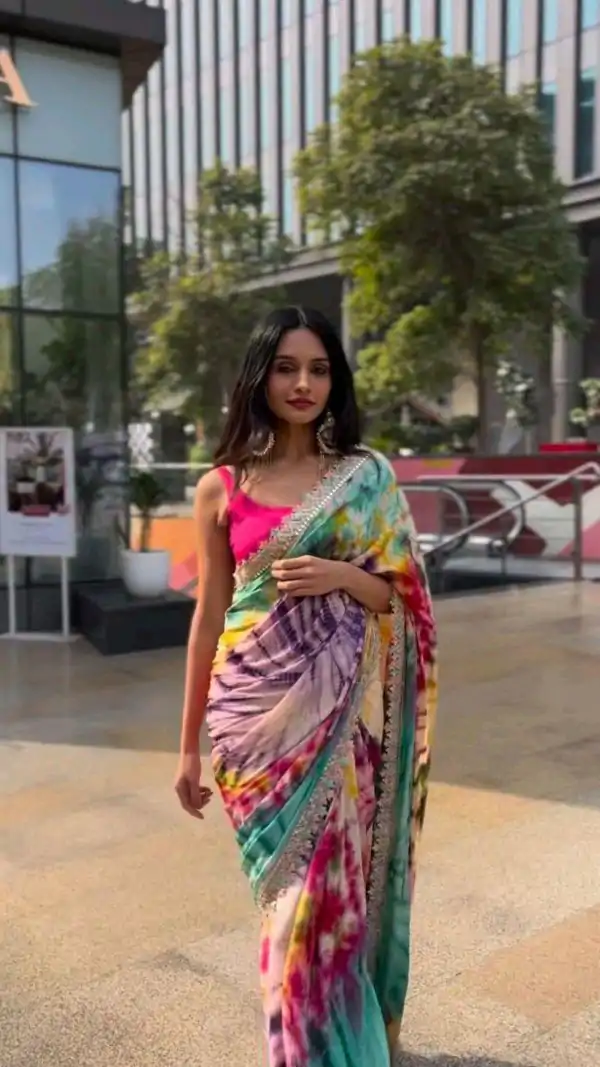 Multi Chinon fabric Embroidery Coding Sequins Lace Saree - Image 6