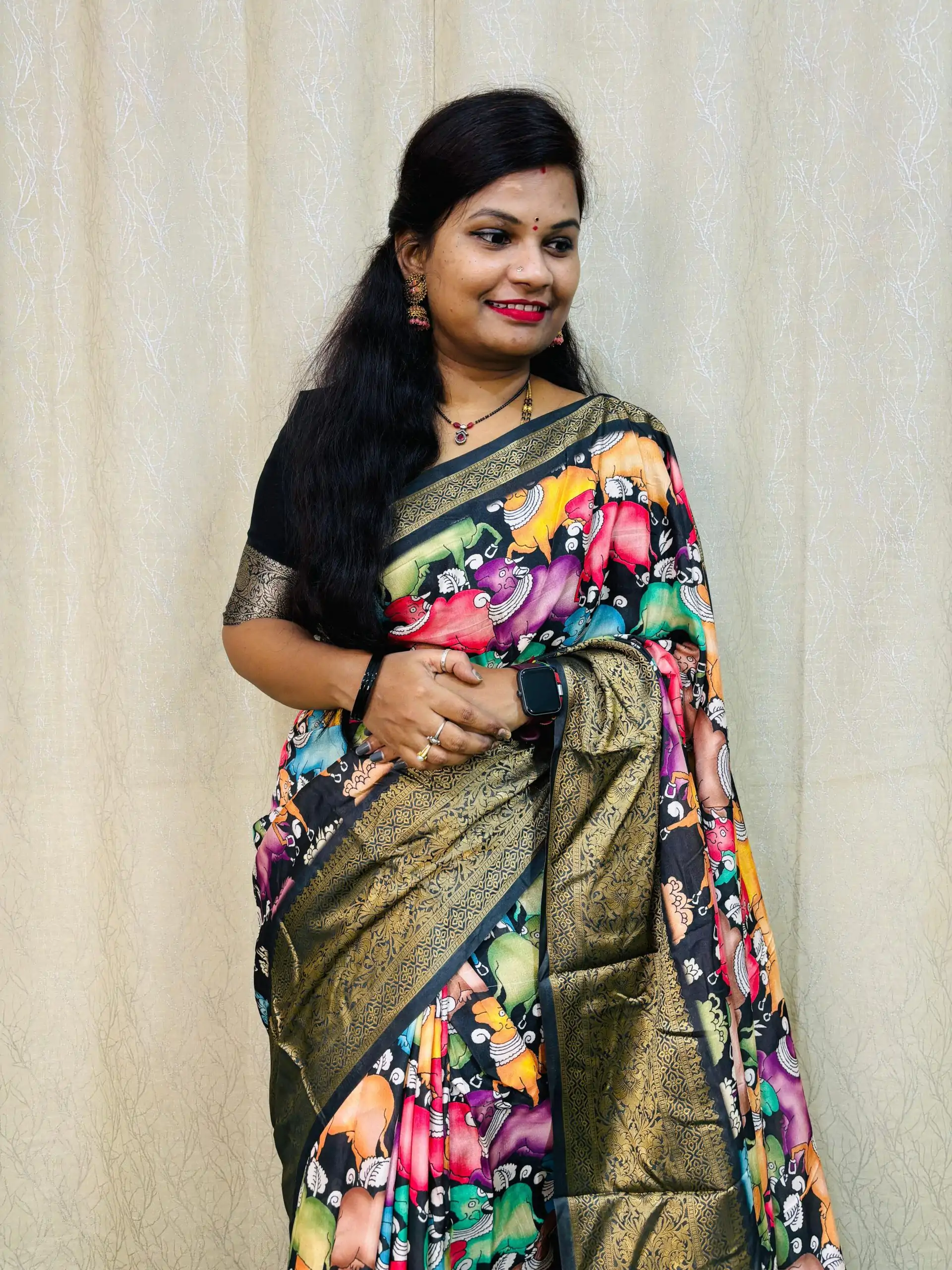 MS Kalamkari Black Color Jacquard Dola Silk With Kalamkari Print Saree Casual, Wedding, Festive, Events . Expected Delivery  4-6 Working Days @1549/- only | Sarees, Bollywood Sarees, Creative Sarees, Designer Sarees, Embroidered Sarees, Ethnic Saree, Modern Digital sarees, Party Wear Sarees