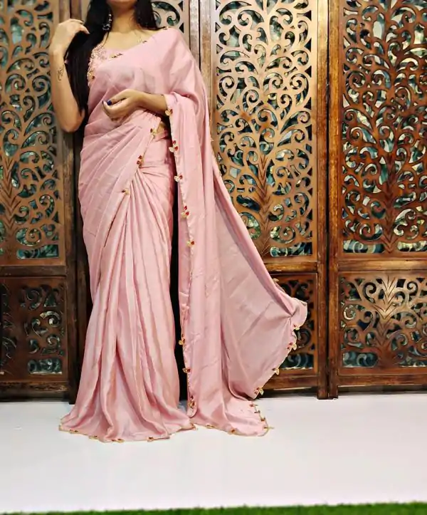 Perfects Pink Color Rangoli Silk Handwork And Cutwork With Pearl Saree