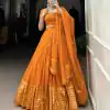 Pretty Orange Color Pure Chanderi Plain With Zari Weaving Work Border Lehenga Choli
