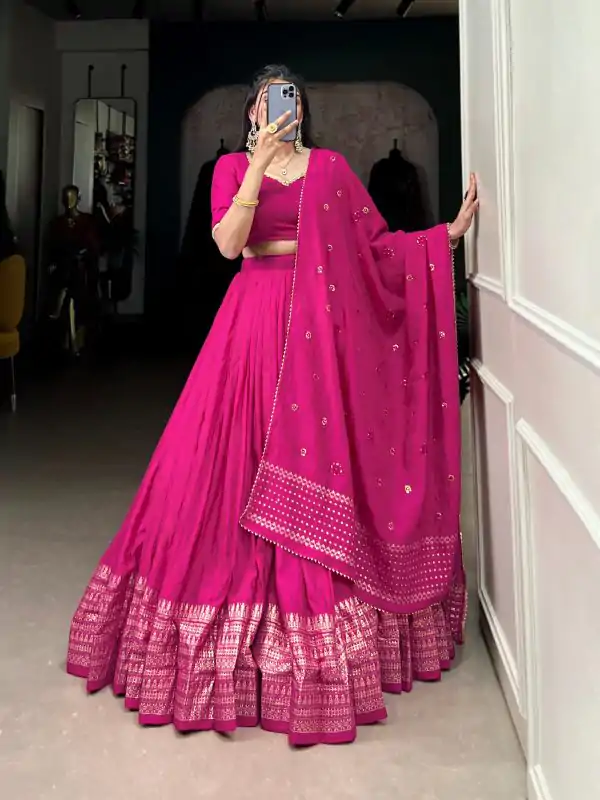 Pink Chanderi Plain With Zari Weaving Work Border Lehenga Choli - Image 3