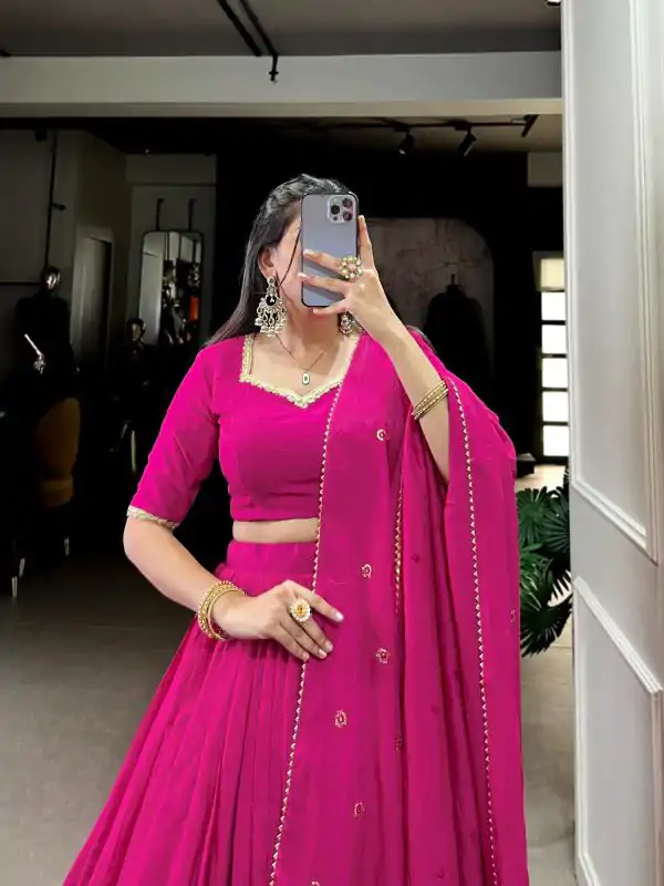 Pink Chanderi Plain With Zari Weaving Work Border Lehenga Choli - Image 2