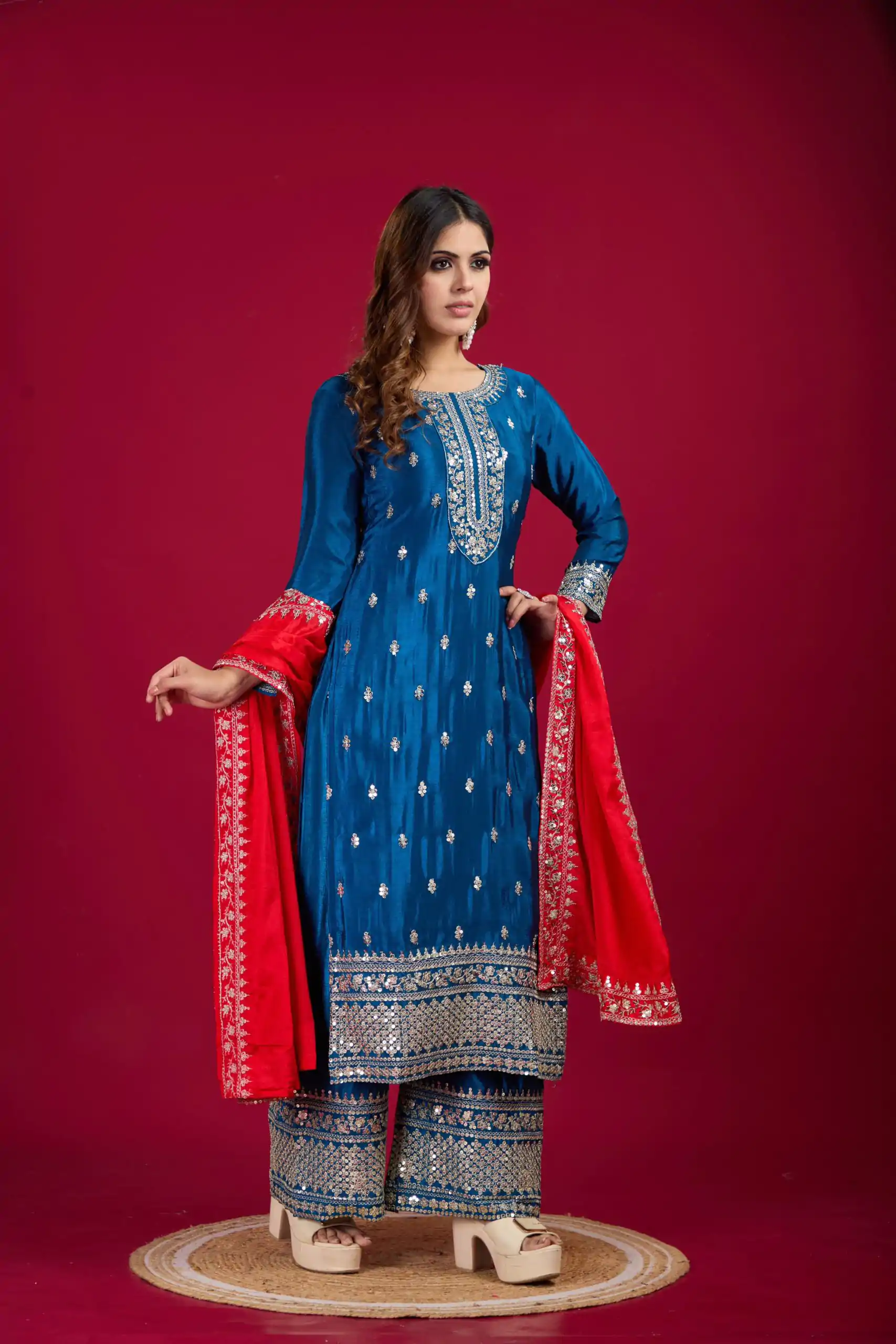 SRK 5231 Blue Color Pure Chinnon Silk With Embroidery Sequence Work Salwar Suit Casual, Wedding, Party, Festive, Events Etc.4-6 Working Days@ 1899/-only | Jump Suits, Salwar suit, Casual Suits, Creative suits, Designer Suits, Palazzo Suits, Party Wear Suits, Patiala Suits, Straight Suits