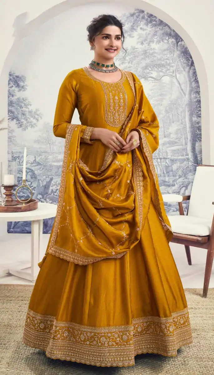 Splendorous Yellow Color Silk Georgette with Embroidery Work Anarkal Suit